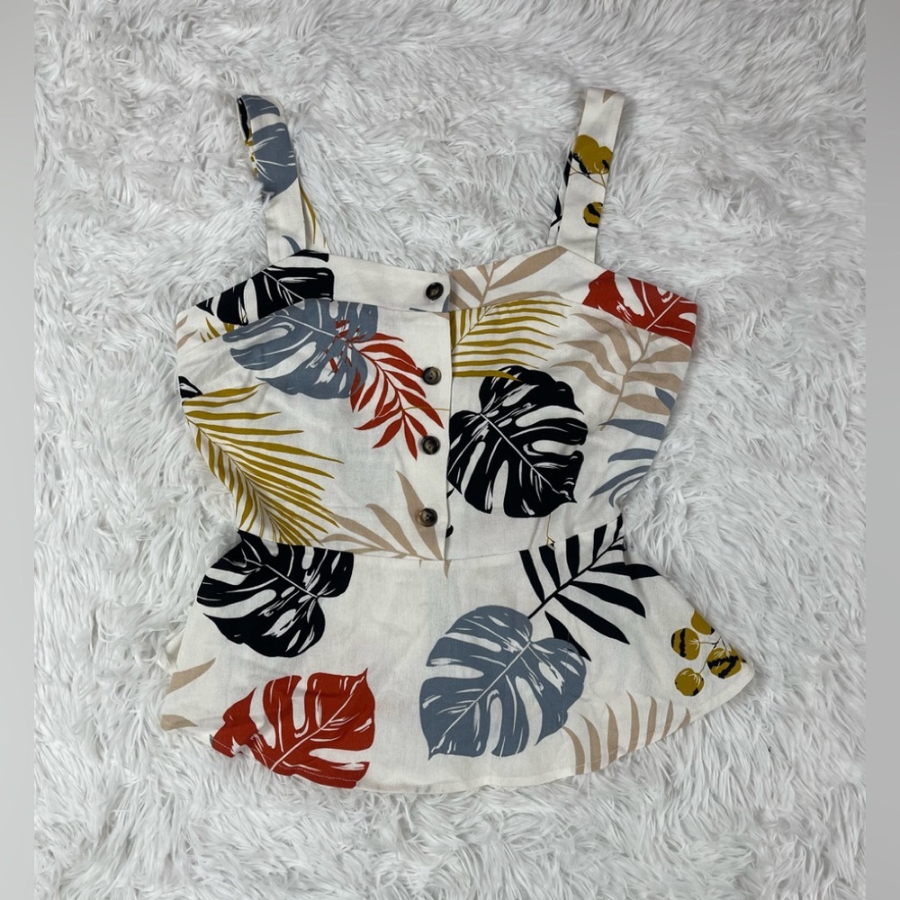 Monteau Linen White Sleeveless Colorful Tropical Palm Leaf Leaves Peplum Blouse